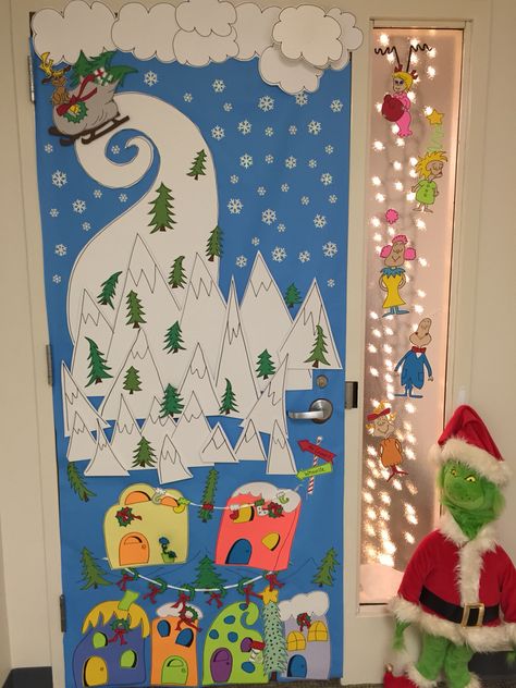 Holiday Office Door Decorations The Grinch Easy Grinch Door Decorations, Grinch Cave Door Decorations, Cindy Lou Who Door Decoration, Whoville Christmas Door Decoration, Holiday Door Contest, Whoville Door Decorating Contest, Grinch Office Door Decorating Ideas, Grinch Christmas Door Classroom, Grinch Door Decor