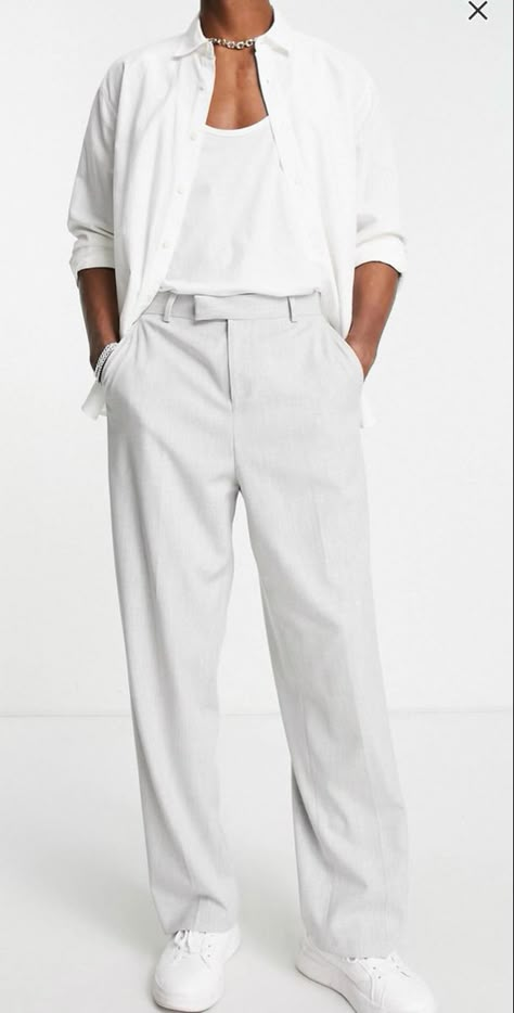 Guys All White Outfit, All White Masculine Outfit, White Fits For Men, All White Party Outfits Mens Summer, All White Look Men, Aesthetic White Outfits Men, White And Cream Outfit Men, White Slacks Outfit Men, Mens White Outfit Classy