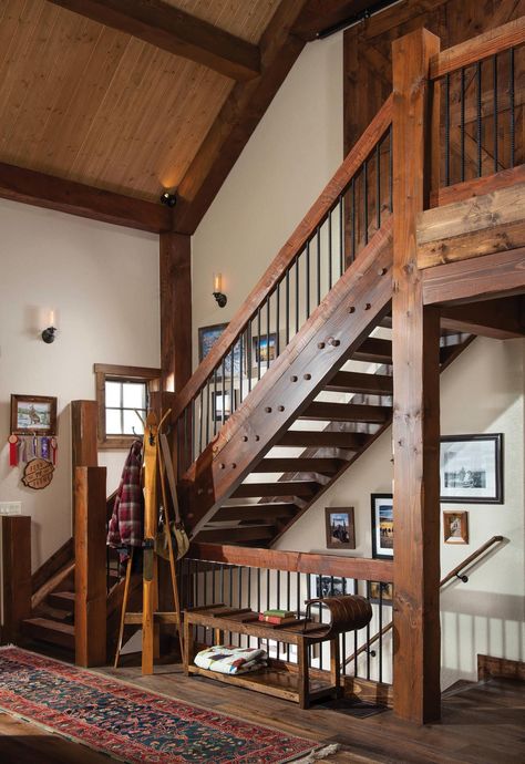 Delightful timber frame mountain cabin perched on a Colorado hillside #staircase #rustic Cabin Stairs, Rustic Staircase, Rustic Stairs, Timber Stair, Timber Cabin, Log Home Floor Plans, Timber Frame Homes, Interior Stairs, Log Cabin Homes