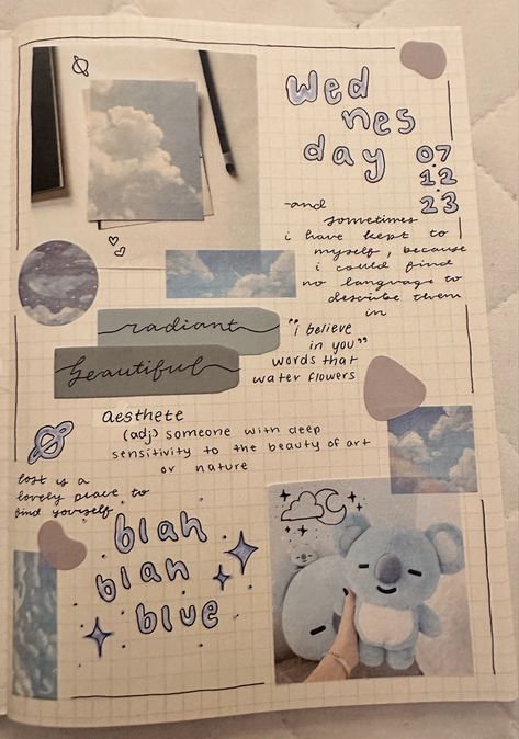 #aesthetic #journal #blue #koya #sky #clouds Keep To Myself, Aesthetic Journal, About Myself, Sketches Tutorial, Cute Notebooks, Journal Aesthetic, Diy Journal, Water Flowers, Sky Clouds