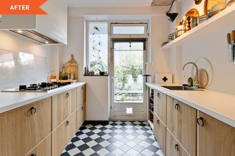 After: kitchen with checkered floor and white counters Checkered Floor Kitchen, Checkerboard Floors, White Ikea Kitchen, No Upper Cabinets, Checkered Floor, Checkerboard Floor, White Counters, Scandi Boho, Living/dining Room