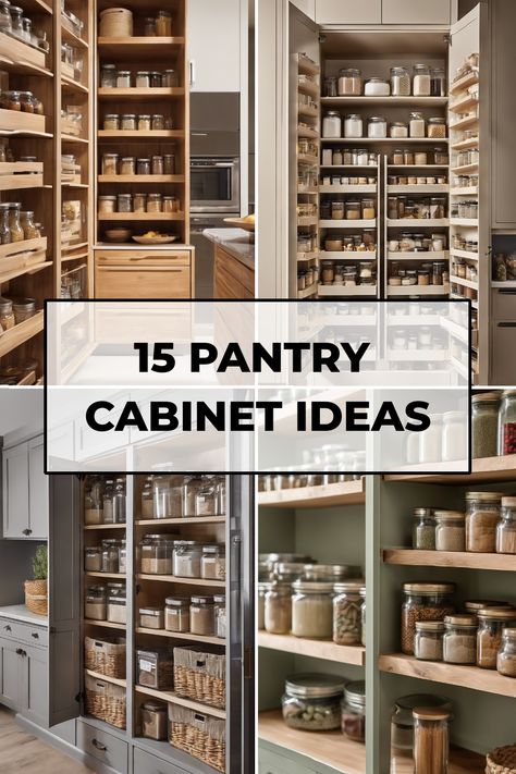 15 pantry cabinet ideas displayed with organized shelves and various jars. Cabinet Pantry Ideas Storage, Kitchen With Pantry Cabinet Layout, Premade Pantry Cabinet, Pantry Closet Remodel, Kitchen Cabinet Pantry Ideas, Building A Pantry In Kitchen, Pantry With Cabinets, Kitchen Pantry Cabinets Built Ins, Cabinet Pantry Ideas