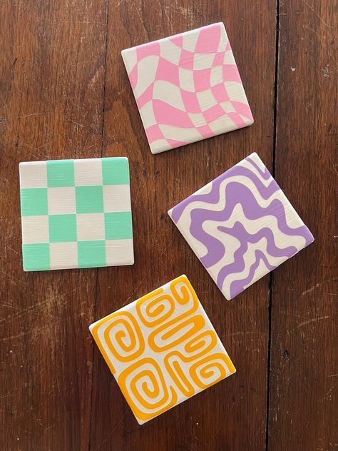 The Ultimate Guide to Crafting Beautiful Air Dry Clay Coasters Painted Coasters Square, Diy Coasters Painting, Coaster Art Paint, Clay Paint Ideas, Costers Diy Clay, Funky Diy Home Decor, Painted Coaster Ideas, Cute Coaster Painting Ideas, Square Coaster Painting Ideas