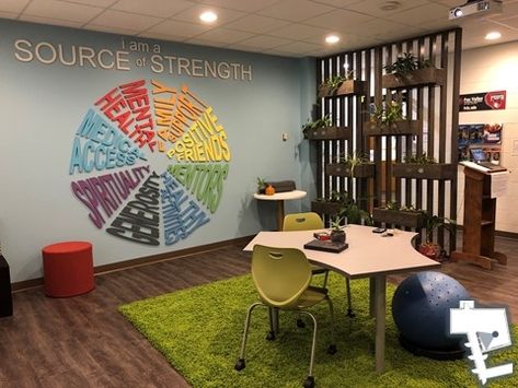 Appleton East High School Zen Den Nurture Room Ideas Secondary, Office Wellbeing Room, Sensory Corner Classroom High School, Wellness Rooms At School, High School Calming Room, Calm Down Corner High School, Zen Den Ideas School, Work Wellness Room, Sel Room Ideas