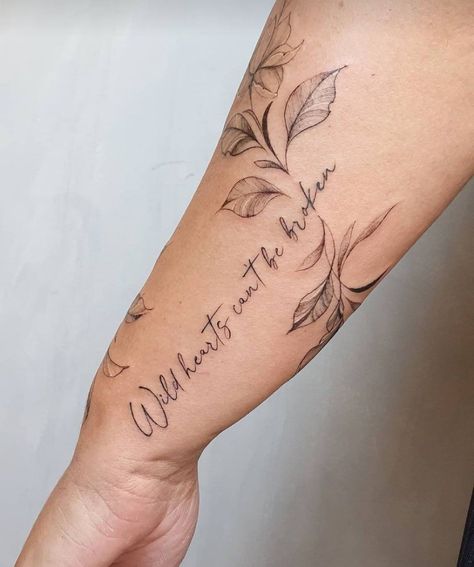 Wrap Around Arm Tattoo For Women Quotes, Vine Tattoo With Quote, Vines Around Quote Tattoo, Cute Wrap Around Arm Tattoos, Words With Vines Tattoo, Vines Around Words Tattoo, Floral And Script Tattoo, Script And Floral Tattoo, Quote Wrapped Around Arm Tattoo