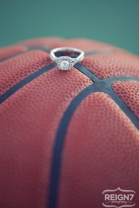 Basketball wedding pic, maybe put my ring on a basketball and Tyler's ring next to it on a baseball inside a baseball glove Basketball Engagement Photos, Basketball Wedding, Basketball Couples, Basketball Game Outfit, Basketball Drawings, Basketball Birthday Parties, Ring Photography, Basketball Videos, Basketball Birthday