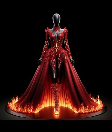 Fire Inspired Dress Gowns, Flame Dress Gowns, Met Gala Outfits Ideas 2024, Met Gala 2024 Ideas, Fire Wedding Dress, Fire Dress Gowns, Fire Inspired Dress, Royal Queen Dress, Fire Inspired Outfits