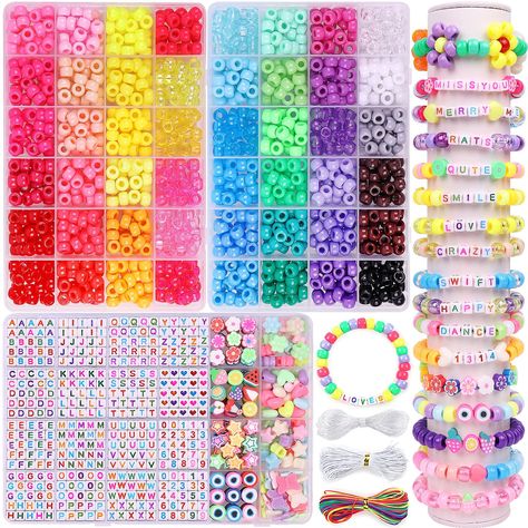 PRICES MAY VARY. 【2303PCS pony beads for jewelry making kit】Our bracelet making kit includes 2 boxes of 48 colors kandi beads with about 1300pcs, approximately 700pcs of full 26 square letter beads, 40pcs round colorful heart beads, 100pcs square colorful number beads, 100 clay beads of four different shapes, 100 plastic beads in four different shapes, 1 roll each of 10Meter elastic string and white nylon string, and 1 roll of 5Meter colorful elastic nylon string. It's perfect for your diverse D