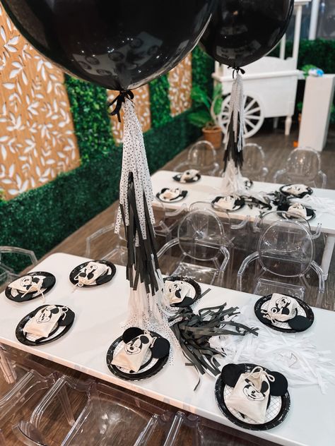 Black And White Mickey Mouse Centerpieces, Black And White Mickey Birthday, Modern Mickey Birthday Party, Monochrome Mickey Mouse Party, Mickey Mouse Birthday Table Set Up, Boho Mickey Mouse Party, Modern Mickey Party, Aesthetic Mickey Mouse Party, Mickey Mouse Birthday Centerpieces