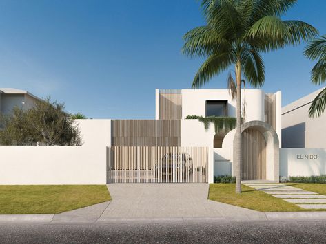 Palm Beach House, Modern Mediterranean Home, House Location, Santorini House, Coastal Architecture, Gold Coast Queensland, Chalet Design, Beach House Exterior, Entrance Gates Design