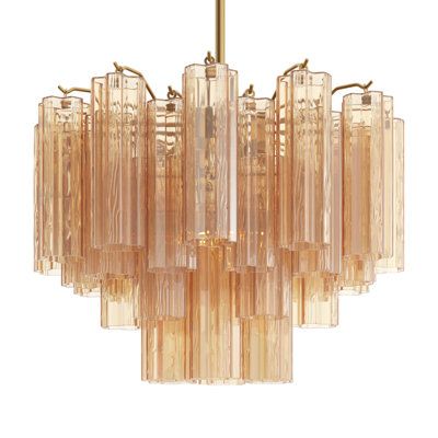 The captivating Arras lighting collection is a modern-day interpretation of the iconic mid-century Arras chandelier. Inspired by its predecessor's sleek lines and geometric shapes, the Arras features a metal frame that exudes sophistication and style. Its unique design showcases transparent tiers of textured Arras glass tubes, forming a mesmerizing 5-point rounded star shape. Finish: Aged Brass, Shade Color: Yellow, Size: 14" H x 19.75" W x 19.75" D | Joss & Main Arras Tiered Chandelier 14.0 H x Midcentury Modern Chandeliers, Dining Table Chandelier Modern, Art Deco Office, Dining Table Chandelier, Lighting Mood, Mid Century Modern Chandelier, Retro Chandelier, Tiered Chandelier, Dining Chandelier