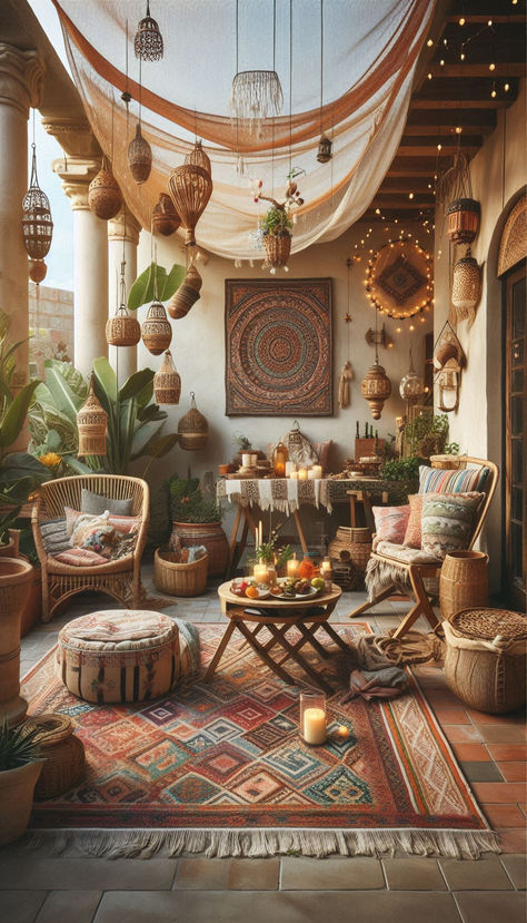 Boho Patio/Patio Inspo Wabi Sabi Patio, Small Boho Patio, Boho Ceiling Decor, Boho Outdoor Patio, Desert Boho Decor, Earthy Homes, Boho Porch, Rustic Backyard, Boho Decoration