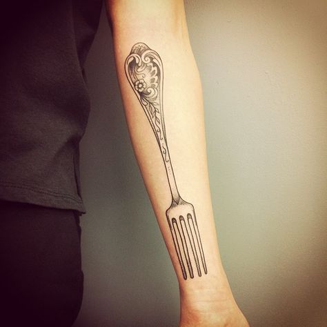 Fork Tattoos Vintage, Antique Fork Tattoo, Fork Tattoos The Best Is Yet To Come, Forky Tattoo, Fork Tattoo, Spoon Tattoo, Always Tattoo, Knife Tattoo, Human Canvas