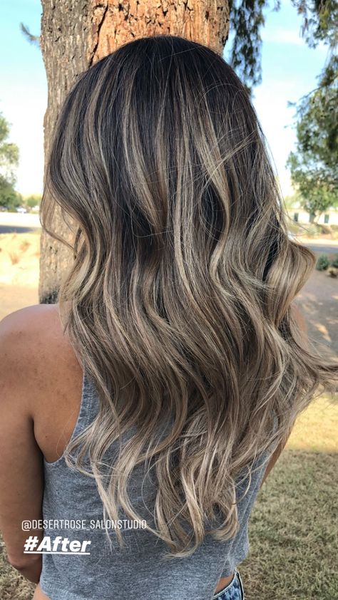 Dark Root Balayage Straight Hair, Dark Roots Light Highlights, Dark With Ashy Highlights, Blonde Highlights On Dark, Dark Brown Hair With Cold Blonde Highlights, Caramel Blonde Balayage Straight Hair, Dark Hair W Ashy Highlights, Ashy Blonde Balayage Brunette, Dark Hair And Blonde Highlights