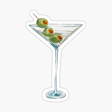 A martini glass watercolor stickers with green olives. Martini Glass Painting, Coastal Apartment Decor, Olive Martini, Glass Watercolor, Olive Cocktail, Linen Board, Coastal Apartment, Green Stickers, Martini Olives