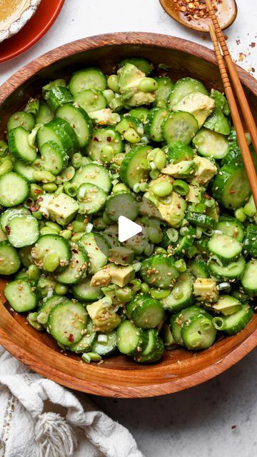 Jamie Vespa MS, RD on Instagram: "Cucumber-Edamame Salad with Sesame-Ginger Dressing: fresh, flavorful, and filling! One of my favorite speedy salads to whip during the warmer weather months because it pairs well with just about anything - sandwiches, burgers, noodles, or anything hot off the grill.

Here’s what you need:

Sesame-Ginger Dressing
▢ Avocado oil (or grapeseed oil)
▢ Rice vinegar
▢ Toasted sesame oil
▢ Lower-sodium tamari or soy sauce
▢ Freshly grated ginger
▢ Grated or minced garlic

Cucumber Edamame Salad
▢ English or Persian cucumbers, thinly sliced
▢ Shelled edamame
▢ Avocado, cut into cubes
▢ Sliced green onion
▢ Toasted sesame seeds
▢ Aleppo pepper
.
.
For the FULL recipe, comment “Cucumber salad” or “Recipe please” below and I’ll send the link directly to your DMs! You Shelled Edamame, Sesame Ginger Dressing, Toasted Sesame Oil, Edamame Salad, Aleppo Pepper, Sesame Ginger, Ginger Dressing, Salad Dishes, Weekday Meals