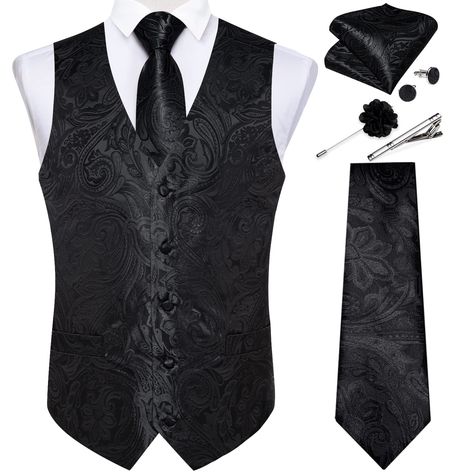 PRICES MAY VARY. 【Mens Suit Vest Set】Paisley Waistcoat+Tie+Pocket Square+Cufflinks+Lapel Pin+Tie Clip+.Same design,perfect match.Not only for personal use, but also excellent gifts to your loved ones on holidays as Christmas, Valentine's Day, Thanksgiving Day,Father's Day, New Yea,Anniversary,birthday ect. 【Stylish Design】The mens paisley vest is feature with Sleeveless,V-Neck,Single Breasted,Adjustable Waist Strap,Two Real Pockets,6 buttons.Classy paisley embroidered pattern makes it a head tur Blue Suit Vest, Silk Formal Dress, White Waistcoat, Men Waistcoat, Wedding Waistcoats, Tuxedo Vest, Floral Necktie, Waistcoat Men, Mens Suit Vest