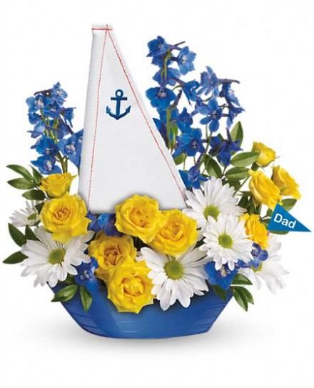 Float Dads boat with a marvelous arrangement of bright flowers. Delivered in a blue keepsake sailboat, its the perfect way to say Happy Fathers Day.  - $69.97 Available online for worldwide delivery at Brant Florist. Birthday Flower Delivery, Happy Birthday Bouquet, Arreglos Ikebana, New Baby Flowers, Ahoy Its A Boy, Send Flowers Online, Birthday Bouquet, Online Florist, Flower Festival