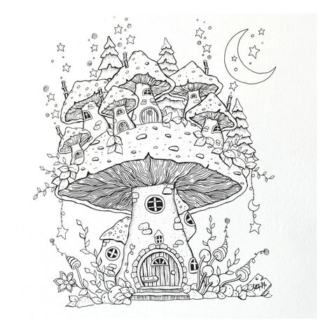 Martina Arend sur Instagram : Just fantasy 🙃😊 Dark Weather, Fantasy Architecture, Mushroom Drawing, Zentangle Artwork, Pen Art Drawings, Landscape Wall Decor, Adult Colouring Pages, Poetry Art, Conceptual Illustration