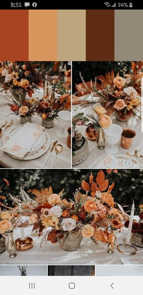 Fall Wedding Foliage, Orange Wedding Themes, Fall Wedding Color Schemes, Fall Barn Wedding, Burnt Orange Weddings, Outdoor Fall Wedding, Wedding Themes Fall, Wedding Theme Colors, Fall Wedding Decorations