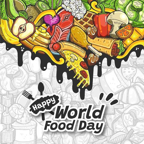 Vector happy world food day doodle illus... | Premium Vector #Freepik #vector #carrot #carrot-cartoon #tomato #world-food Food Poster Illustration, World Food Day Poster, Food Day Poster, Cartoon Tomato, Carrot Cartoon, Project Poster, World Food Day, Poster Food, Painting Images