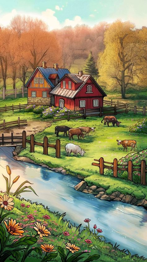 Village Illustration Art, Cartoon Scenes Drawing, Farm Cartoon Drawing, Beautiful Village Scenery Drawing, My Village Drawing, Village Scene Drawing Paintings, Farm Drawing Ideas, Farm Drawing Landscape, Village Drawing Landscapes