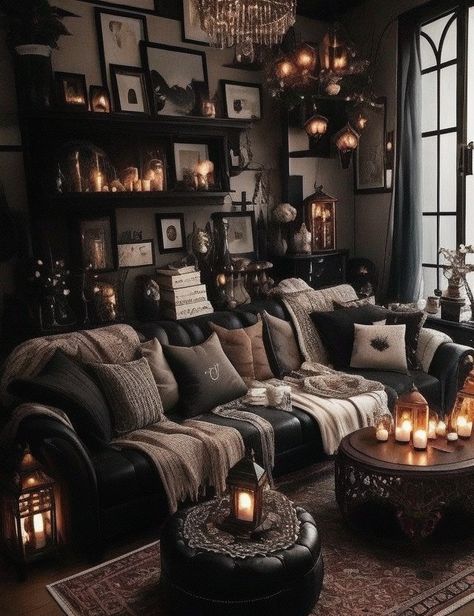 Dark Asthetics House Decor, Witch Aesthetic Interior, Goth Inspired Living Room, Gothic Asethic Home, Dark Gothic House Aesthetic, Boho Gothic Aesthetic, Goth Living Room Apartment, Dark Seductive Bedroom Ideas, Gothic Cottagecore Bathroom