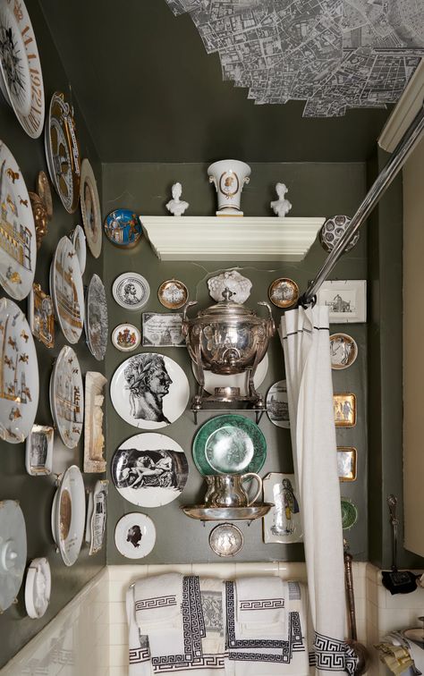 Tour a Ceramicist’s One-Bedroom Museum in NYC Fornasetti Plates, Dreamy Bathrooms, Map Of Rome, Cheap Mirrors, Museums In Nyc, Bookcase Diy, English Decor, Take A Bath, Hand Painted Wallpaper