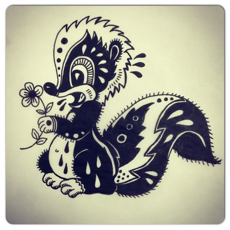 Skunk tattoo 3 Cute Skunk Tattoo, Traditional Skunk Tattoo, Honeybadger Tattoos, Skunk Tattoo, Skunk Drawing, Pinterest Tattoos, Sailor Jerry Tattoo Flash, Sailor Jerry Tattoos, Cross Tattoo For Men