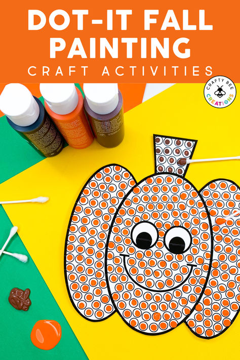 These fall dot-it crafts are an amazing way to practice fine motor skills in preschool and kindergarten classrooms. They are perfect for discussing letters of the alphabet each week as well. Use the candy corn, scarecrow, apple, pumpkin, sunflower, and ghost to get into the fall spirit and spooky season as the cooler weather hits. Use for small groups, fine motor stations, homeschool activities, at home learning and more. Kids will love the q-tip painting activities and book pairing ideas! Ghost Fine Motor Activities, Q Tip Pumpkin Painting Printable, Pumpkin Qtip Painting Free, Q Tip Art Preschool, Fall Qtip Painting, Halloween Qtip Painting, Painting Dots Art, Letter P Pumpkin Craft, Preschool Pumpkin Painting