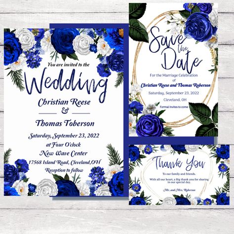 Wedding Bundle Floral Royal Blue and Gold Royal Blue Gold And White Wedding Invitations, A Blue Wedding, Champagne And Royal Blue Wedding, Wedding Royal Blue Theme, Royal Blue And Black Wedding Decorations, Royal Blue And Gold Wedding Invitations, Royal Blue Gold And White Wedding Decor, Royal Blue Wedding Invitations Templates, Royal Blue Ivory And Gold Wedding