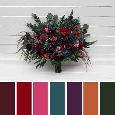 Jewel Tone Wedding Purple Red Magenta Bouquet Burgundy Teal Rust Flowers Bridal Bouquet Faux Bouquet Boho Wedding Pampas Grass Bridesmaid - Etsy Gem Tones Wedding, Magenta Bouquet, Boho Wedding Pampas, Jewel Tone Wedding Theme, Jewel Tone Wedding Colors, Rust Flowers, Raspberry Wedding, Bouquet Fall Wedding, Jewel Tone Color Palette