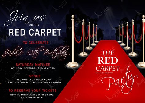 Printable invitation and RSVP to match -hollywood/red carpet Party - download only We will email your within 24 hrs. Red Carpet Theme Party Outfit, Red Carpet Party Invitations, Red Carpet Invitations Template, Hollywood Red Carpet Party, Hollywood Invitations, Red Carpet Invitations, Red Carpet Theme Party, Hollywood Birthday Parties, Red Carpet Theme