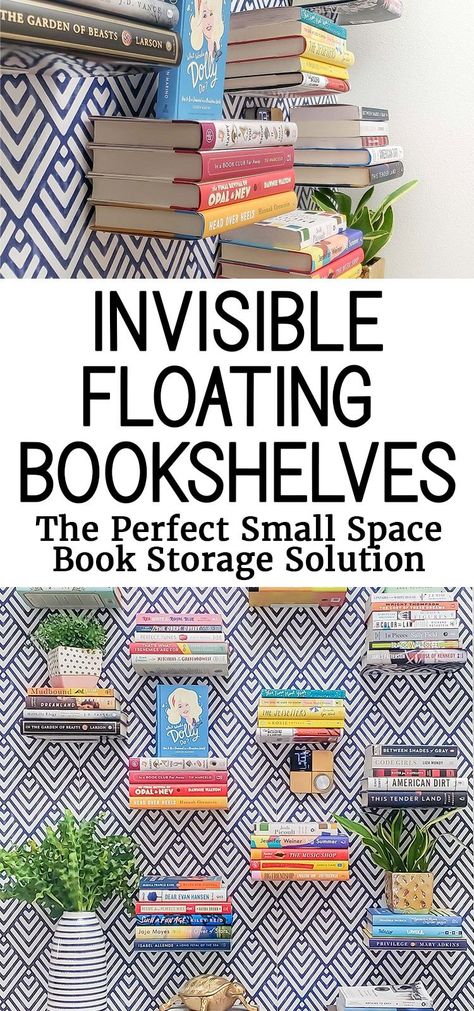 These invisible floating bookshelf brackets are affordable and the perfect book storage solution when you don't have room for a bookcase! Non Bookshelf Book Storage, Shelves Made Of Books, Bookshelf Walls Living Room, Diy Invisible Bookshelf, Corner Book Storage, Book Storage For Bedroom, Bookshelves For Small Spaces Living Room, Hanging Bookshelf Diy, Bookshelf Ideas Small Spaces