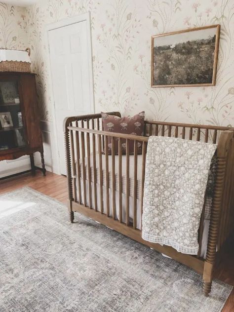 #ikeanursery #nurseryideas #babygirlroom Wooden Convertible Crib, Honey Oak Nursery, Magnolia Home Nursery, Oak Crib Nursery Ideas, Cherry Wood Crib Nursery, Vintage Chic Nursery, Antique Style Nursery, Old Farmhouse Nursery, Vintage Twin Nursery