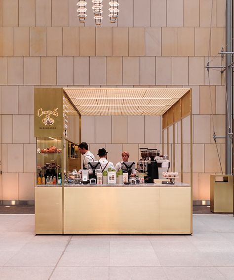 woods bagot positions brass coffee kiosk inside sydney tower Coffee Booth, Coffee Kiosk, Woods Bagot, Mall Kiosk, Pop Up Cafe, Food Kiosk, Hotel Inspiration, Australian Interior Design, Coffee Stands