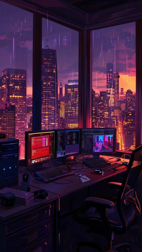 Lofi Aesthetic Office, Fantasy Office Art, Cyberpunk City Illustration, City Background Aesthetic, Planner Illustration, Neon Illustration, Office Illustration, Pixel City, Background City