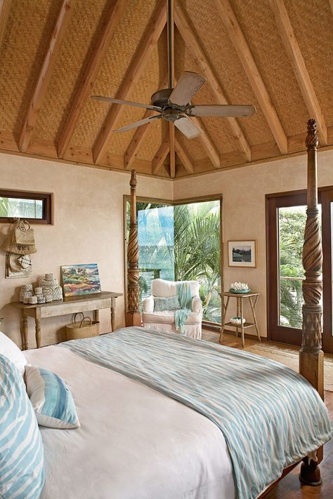 Hawaii Homestead, Caribbean Bedroom, Tropical Bedroom Decor, Sea Bed, Maui Island, Bamboo Ceiling, Island Bedroom, Big Energy, Exposed Rafters