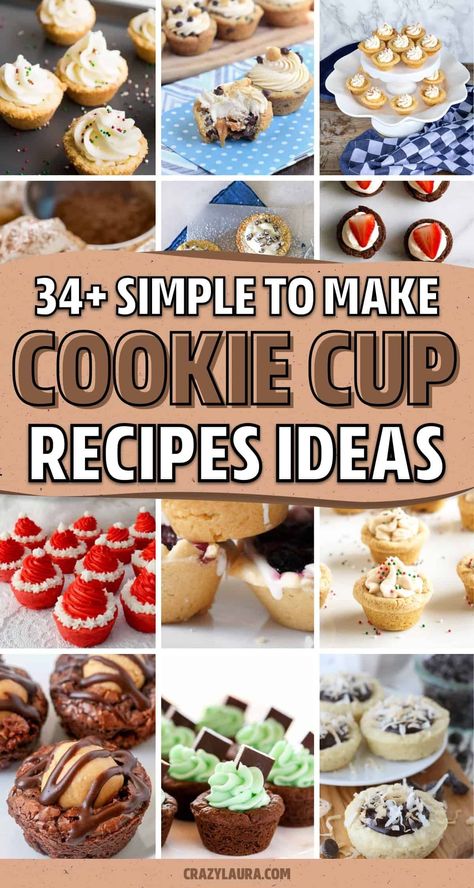 Looking for super quick and easy dessert recipes to try this year?! Check out these delicious cookie cup ideas that will leave you wanting more! Chocolate Cookie Cups Mini, Blueberry Crumb Cookie Cup, Cookie Cups With Pudding, Muffin Tin Cookie Recipes, Quick Things To Bake Desserts, Canola Cookie Cup, Holiday Sugar Cookie Cups, Mini Cookie Cup Desserts, Caramel Cup Cookies