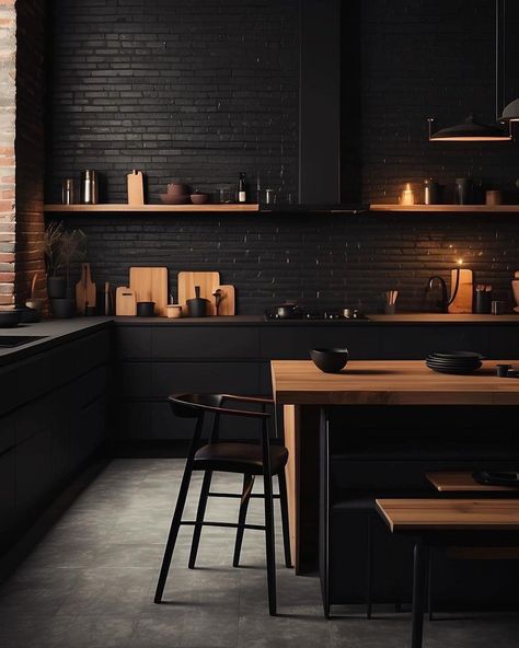 All Black Interior, Interior With Wood, All Black Kitchen, Black Kitchen Ideas, Kitchen Rehab, Black Kitchen Countertops, Kitchen Design Black, Modern Kitchen Design Black, Black Interior Design