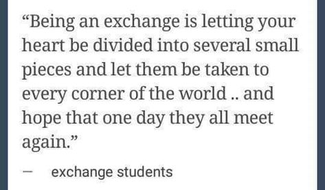 Being an exchange is letting your heart be divided into several small pieces & let them be taken to every corner of the world & hope that 1 day they all meet again Exchange Student Quotes Goodbye, Exchange Student Quotes, Leaving Quotes, Student Exchange, Programming Quote, New Adventure Quotes, Foreign Exchange Student, Goodbye Quotes, Exchange Student