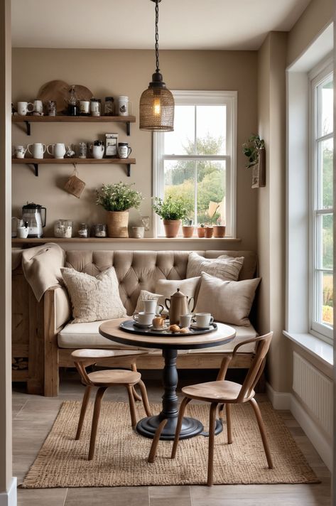 10 Ideas and Inspiration for Farmhouse Style Coffee Nooks - afullmug.com Coffee Sitting Area, Coffee Nook Ideas Small Spaces, Coffee Nook Ideas, Cozy Nook Ideas, Coffee Nooks, Nook Inspiration, Coffee Mug Display, Rustic Wooden Shelves, Vintage Mugs