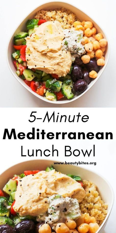 5-Minute Mediterranean Bowl! This is a quick and easy clean eating Mediterranean lunch recipe that you can assemble in 5 minutes. This delicious Mediterranean diet recipe is easy to meal prep, vegan and gluten-free! Whole Food Meals Easy, Meal Prep Dishes, Mediterranean Diet Recipes Gluten Free Dairy Free, Pots Diet Easy Recipes, Mediterranean Diet Recipes Dairy Free, Mediterranean Diet Recipes Salads, Mediterranean Lunch Meal Prep, Meal Prep Mediterranean Diet, Low Prep Dinner