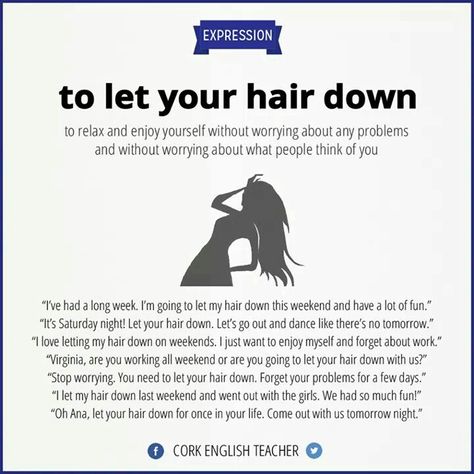 Let your hair down - Repinned by Chesapeake College Adult Ed. We offer free classes on the Eastern Shore of MD to help you earn your GED - H.S. Diploma or Learn English (ESL) . For GED classes contact Danielle Thomas 410-829-6043 dthomas@chesapeke.edu For ESL classes contact Karen Luceti - 410-443-1163 Kluceti@chesapeake.edu . www.chesapeake.edu Financial Background, Slang English, Free Classes, Study English, English Phrases Idioms, Idioms And Phrases, Uncommon Words, Conversational English, Phrasal Verbs