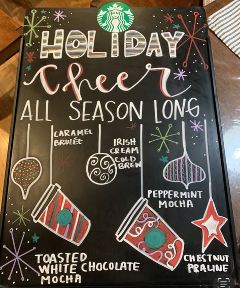 Starbucks Christmas Board Ideas, Starbucks Holiday Chalkboard Art, Starbucks Christmas Chalkboard Art, Christmas Cafe Signs, Christmas Coffee Shop Chalkboard, Starbucks Signs Chalk Christmas, Starbucks Chalk Signs, Halloween Starbucks Chalkboard, Christmas Coffee Shop Sign