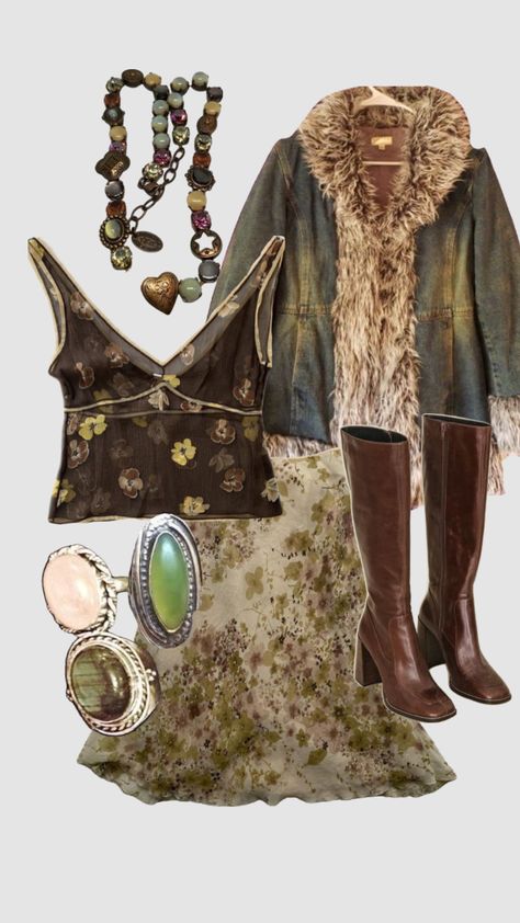 #myfirstshuffle Vintage Autumn Outfits, Outfit Ideas Boho, Fall Thrift, Meeting Celebrities, Fur Lined Denim Jacket, 70s Clothes, Lace Maxi Skirt, Grunge Outfit, Lined Denim Jacket