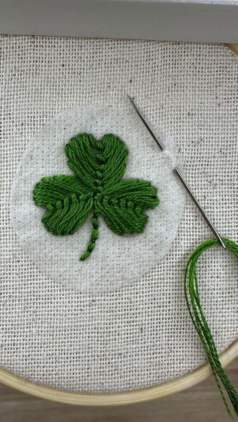 Valeri • Homestead & Thread • Hand Embroidery | Quick hand embroidery fly stitch tutorial modified for a heart/clover shape. 🪡🧵🍀 | Instagram Four Leaf Clover Embroidery, Embroidery Fly Stitch, Dragonfly Embroidery, Fly Stitch, Stitch Tutorial, 4 Leaves, Four Leaves, Four Leaf Clover, Clover Leaf