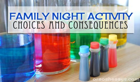 Color experiment activity to teach everyone about choices, and the consequences that follow. Color Experiment, Family Night Activities, Making Good Choices, Choices And Consequences, Kids Sunday School Lessons, Choices Game, Primary Activities, Primary Lessons, Family Home Evening