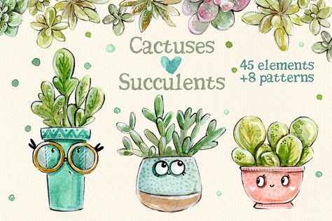 Cacti & Succulents Set +8 patterns by Kristina Crocus on @creativemarket Funny Characters, 동화 삽화, Watercolor Elements, Indoor Gardens, Animal Cookies, Watercolor Images, Funny Character, Business Illustration, Creative Sketches