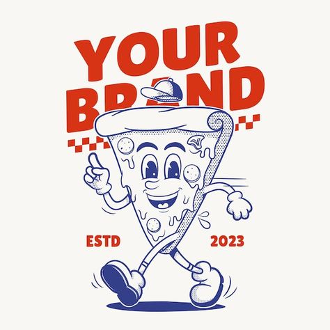 Pizza character retro mascot character | Premium Vector #Freepik #vector #restaurant-logo #food-logo #meal-logo #lunch-logo Pizza Character Illustration, Retro Pizza Logo, Retro Character Logo, Retro Mascot Character, Retro Mascot Logo, Pizza Logo Design Ideas, Vintage Character Design, Restaurant Mascot, Retro Character Design